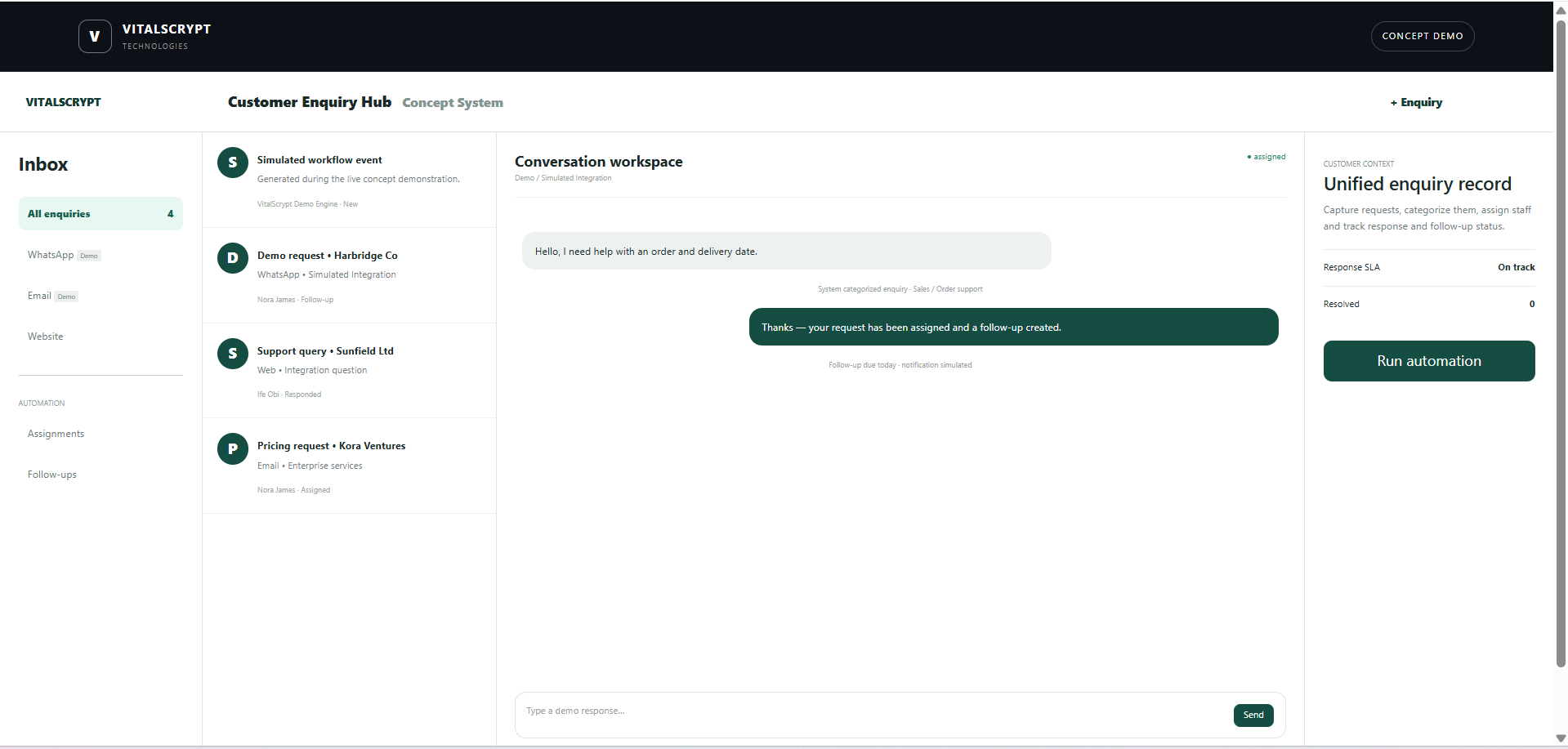 Customer Enquiry Automation System project screenshot